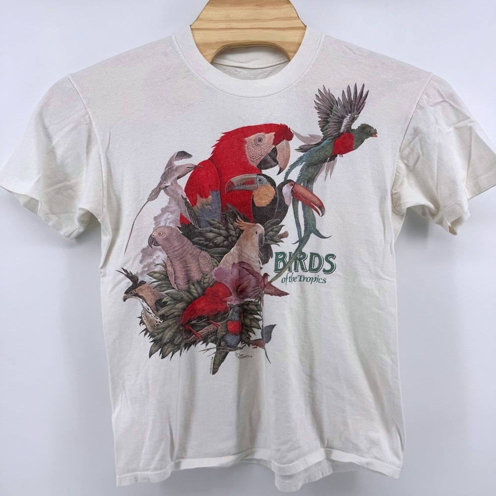 Harlequin Nature Graphics T-Shirt Large Cream Birds of the Tropics 1988 Vintage‎